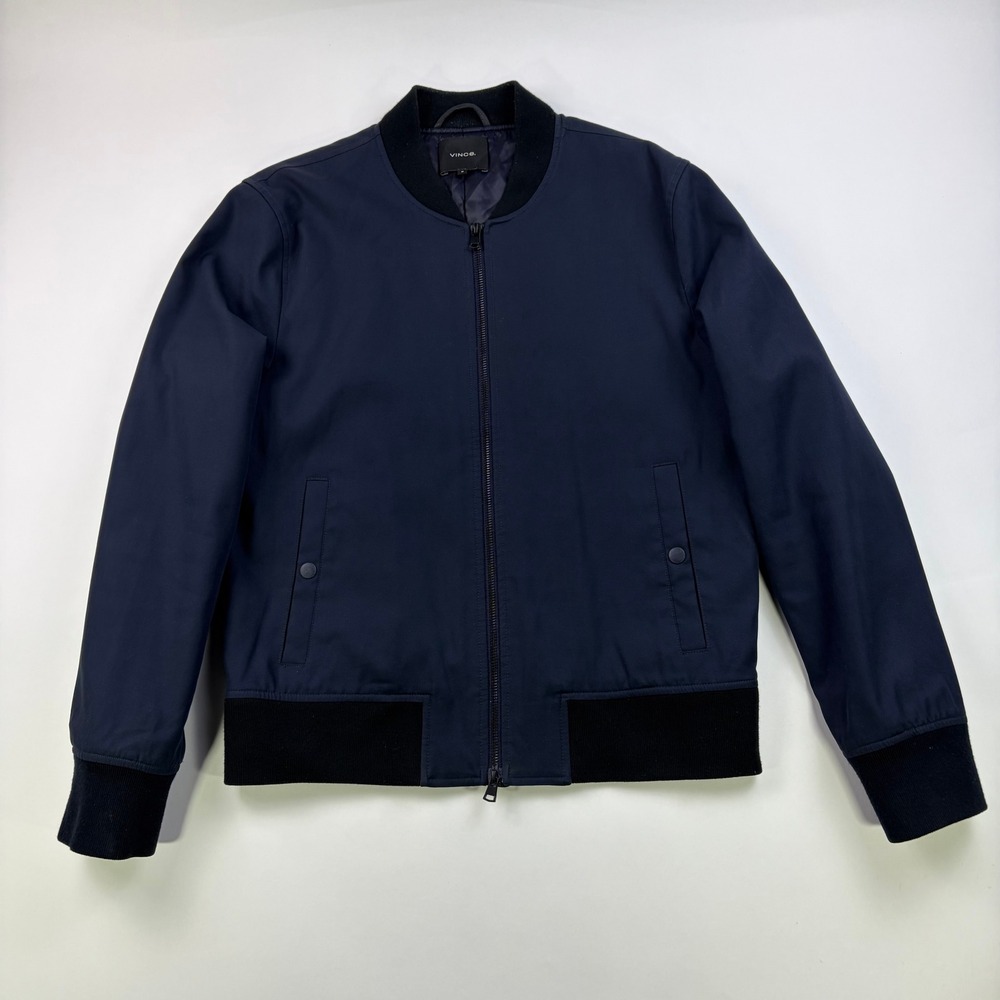 Vince Bomber Jacket Mens Medium Navy Blue Black Cotton Zip Up Minimalist